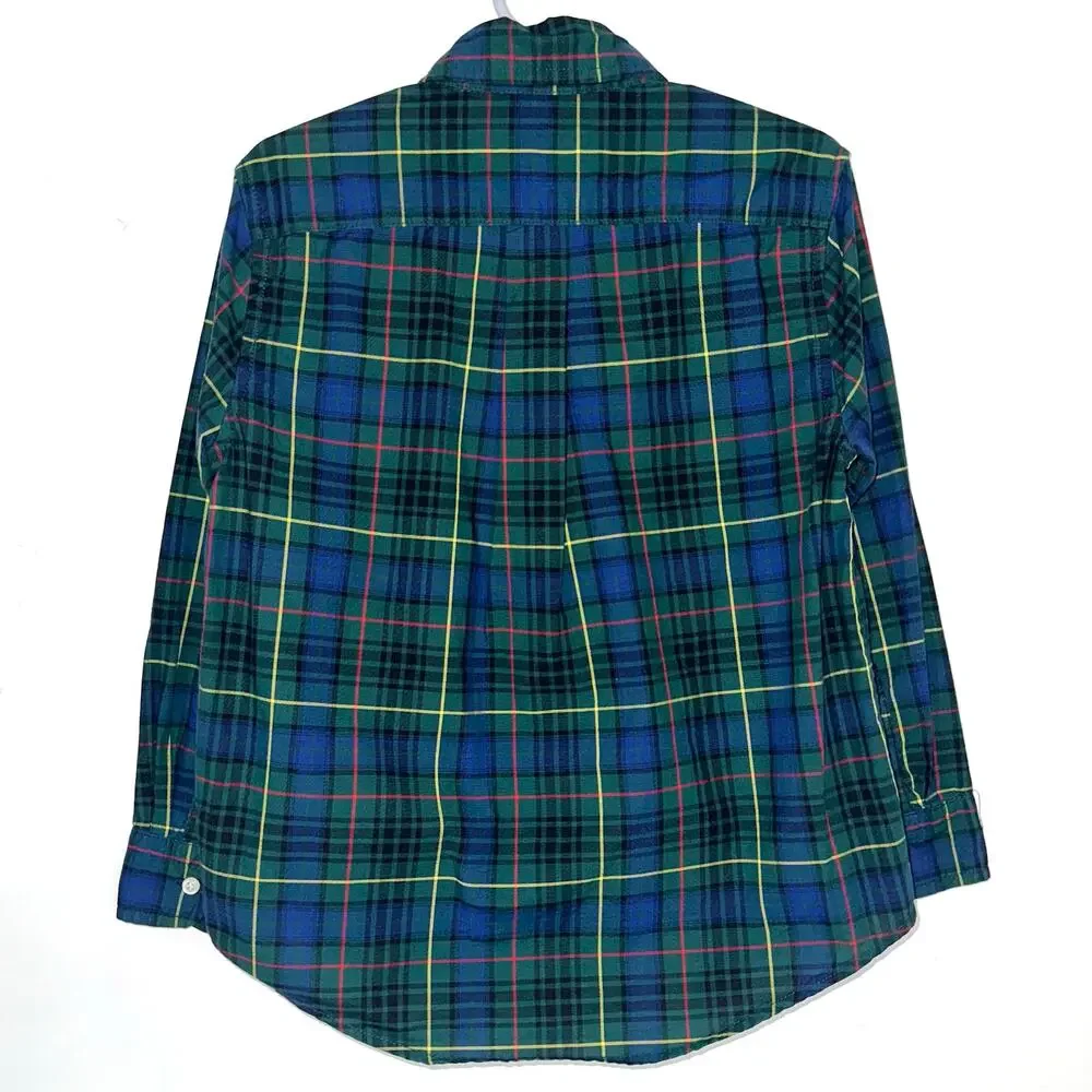 Ralph Lauren Boys Green Blue Check Button Down Long Sleeve Cotton Shirt Size 5